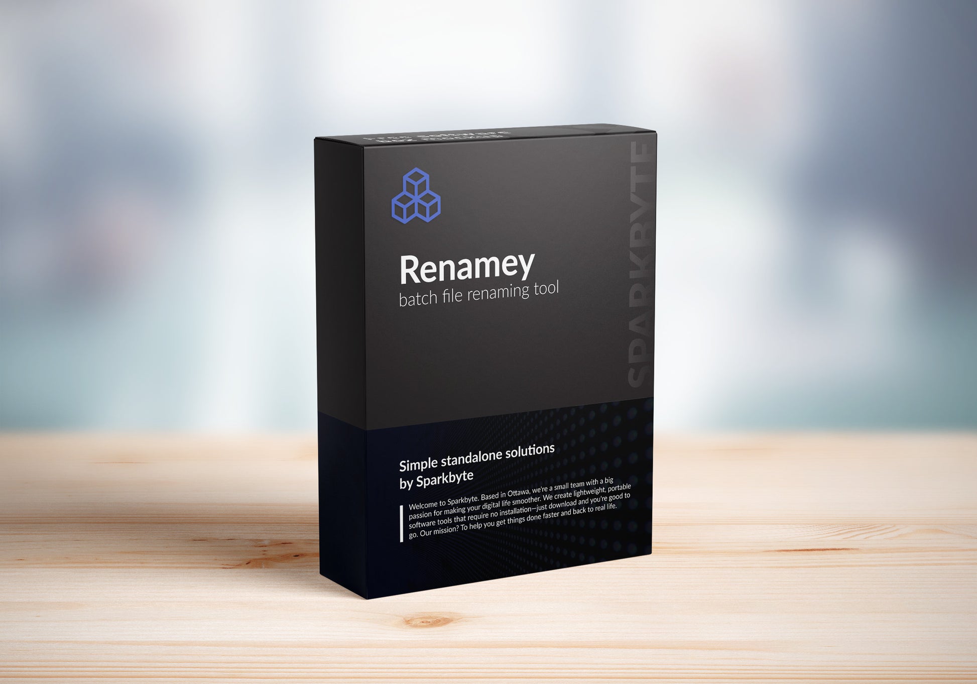 Box mockup for Renamey batch file renaming tool by Sparkbyte